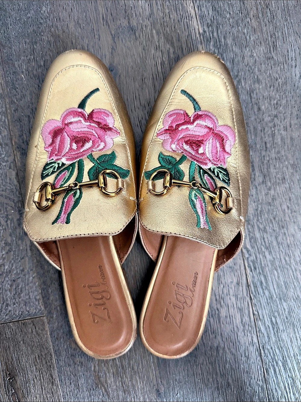 Zigi Embroidered Floral Gold Mules